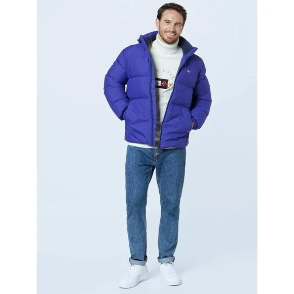 Tommy Jeans Tommy Hilfiger Mens Hooded Down Jacket Blue Sz XS Embroidery Elastic - Picture 4 of 16